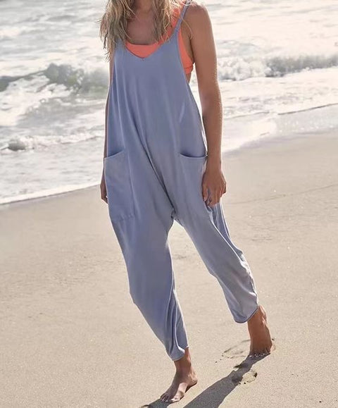 Einfarbiger Jumpsuit mit Reißverschlusstasche und Hosenträgern, dicke Hüfthose, m301068 