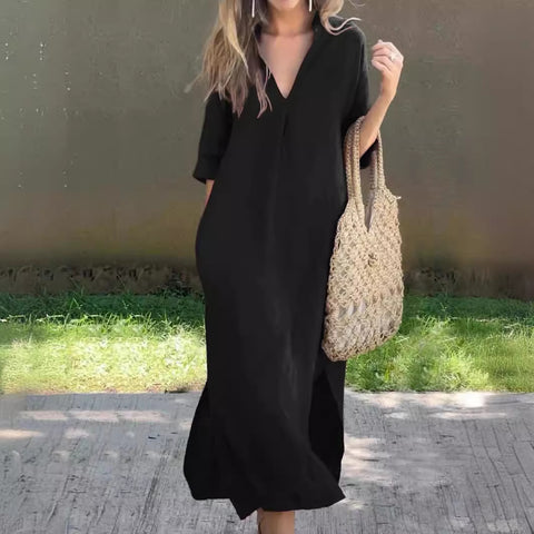 Split V-neck 7-point sleeve chest pleated dress m301506 on both sides