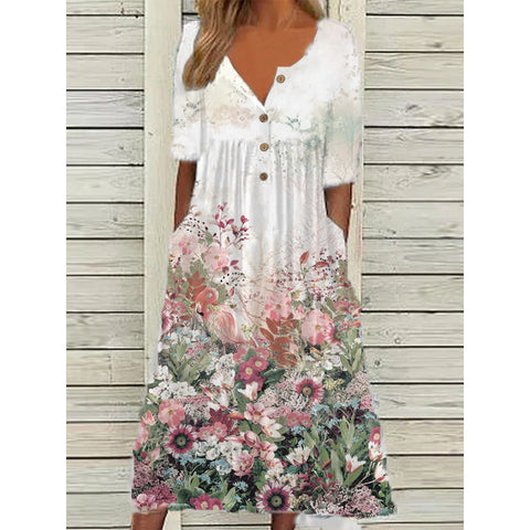 Bedrucktes Kurzarmkleid mit V-Ausschnitt, Knöpfen, Damentaschen und langem Rock m300028 