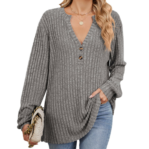 Autumn and winter new solid color pit strip polished button loose long-sleeved T-shirt women's m301772