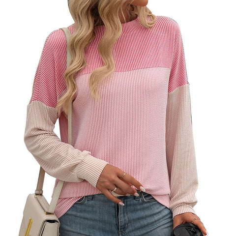 Neues Rundhals-Twist-Streifen-Farben-Matching-Langarm-loses T-Shirt für Damen m300963 