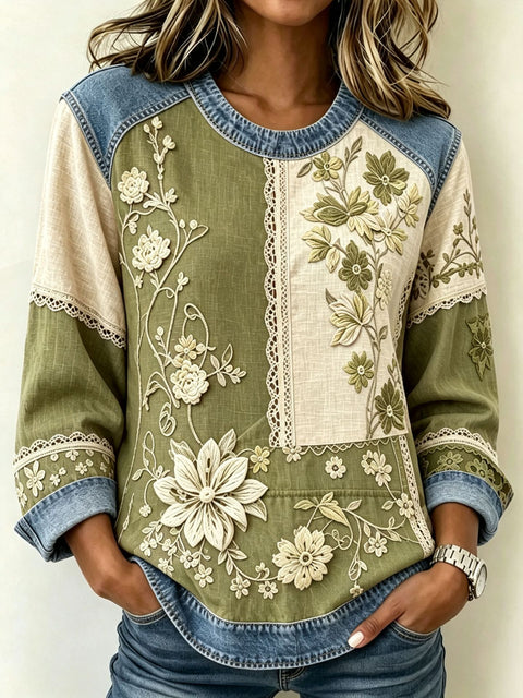 Floral Element Crew Neck Shoulder Splicing Denim Sweater FF303272