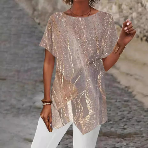 Geometric printing loose short-sleeved irregular hem T-shirt m302490