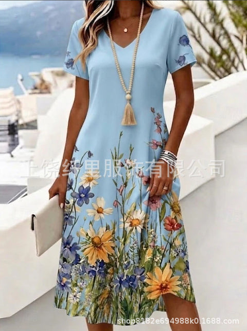 Printed women's v-neck short-sleeved temperament fashion dress m303046