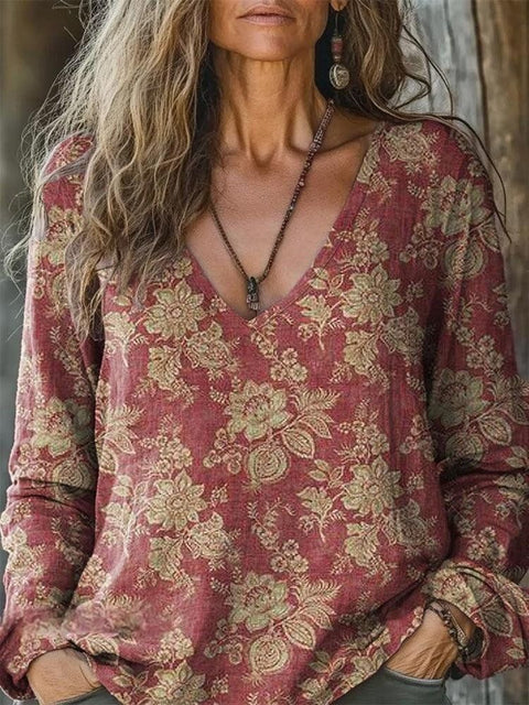 Casual V-Neck Long Sleeve Pullover Digital Printing Women's Upper T-Shirt FF303120