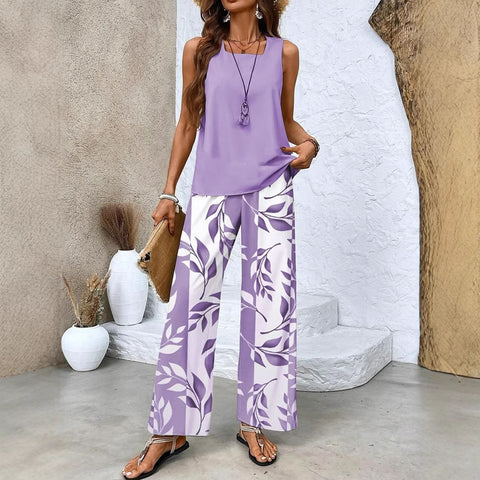 Casual square neck pullover vest plus trousers digital printing women's two pieces m301436