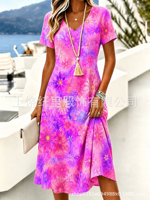 Printed women's v-neck short-sleeved temperament fashion dress m303046