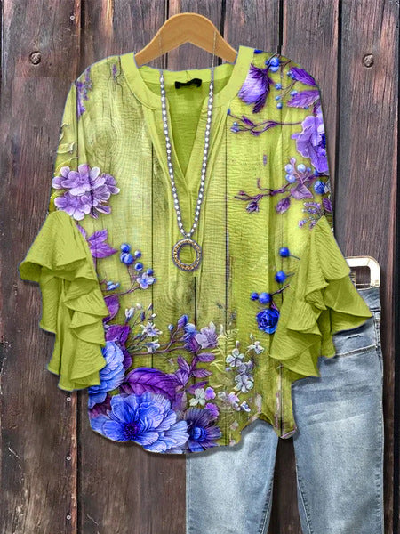 Creative floral element printing digital printing casual trend V-neck lotus edge horn T-shirt m302747