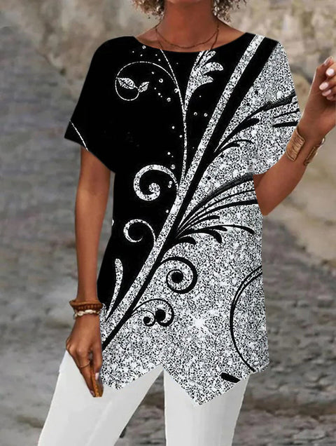 Geometric printing loose short-sleeved irregular hem T-shirt m302490