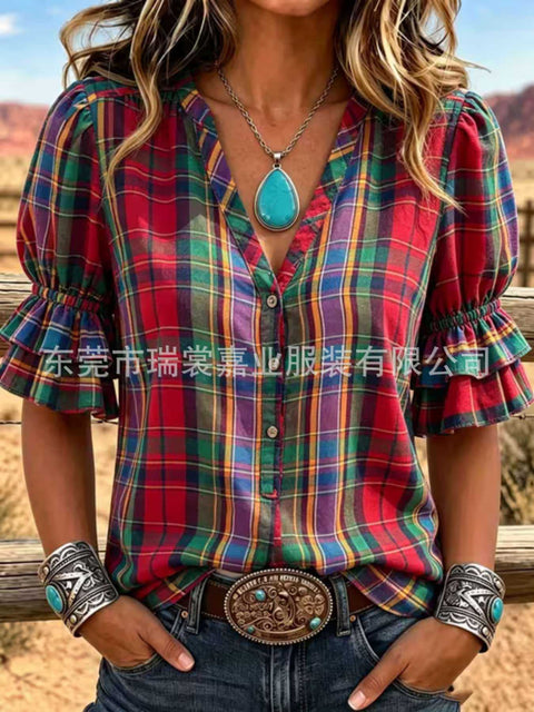 V-neck three-button top digital print horn-sleeved shirt FF303334