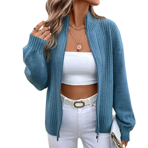 Herbst und Winter Damenbekleidung Stehkragen einfarbige Strickjacke Pullover Jacke m300624 