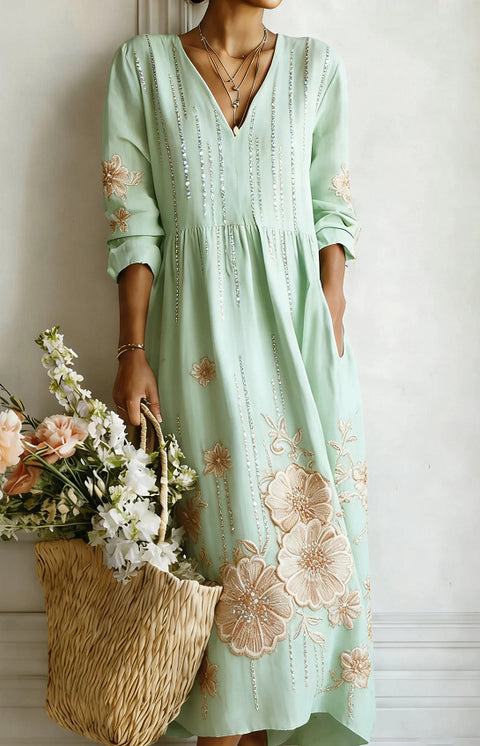Women's loose V-neck fashion high-end long-sleeved printed collar dress m302766