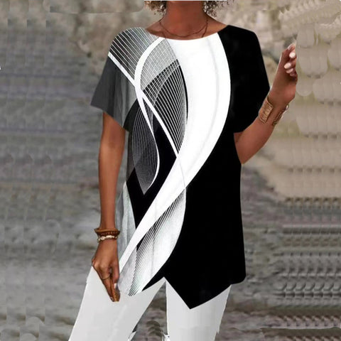 Geometric printing loose short-sleeved irregular hem T-shirt m302490