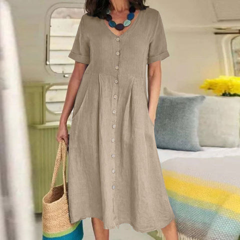 Neues einfarbiges, lockeres Kleid aus Baumwolle und Leinen mit hoher Taille m301192 