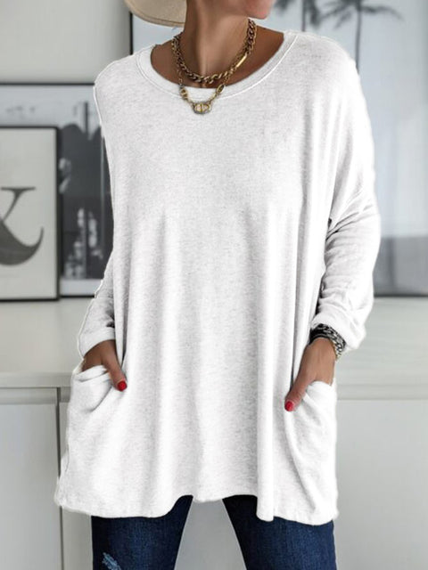 Rundhalsausschnitt Langarm lose Tasche einfarbig T-Shirt lässig Damenbekleidung m301315 