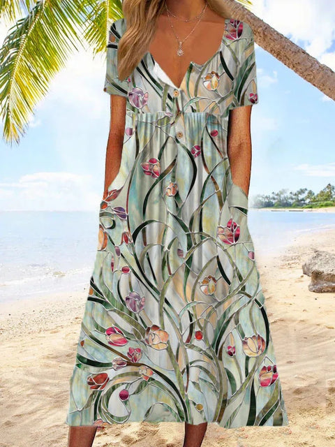 Bedrucktes Button-Down-Cardigan-Kleid mit Taschen m300714 