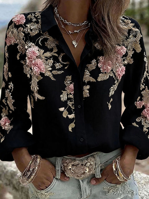 Flower lapel long-sleeved button-down women's shirt m303076