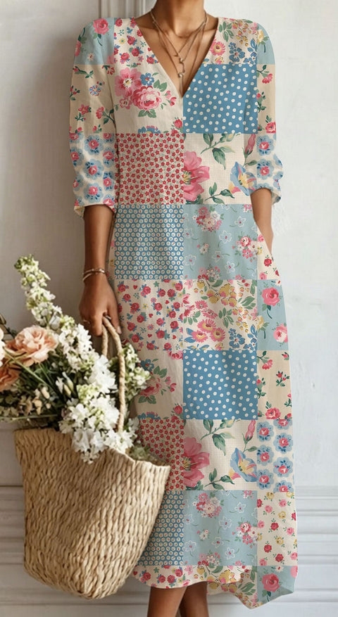 Women's loose V-neck fashion high-end long-sleeved printed collar dress m302766
