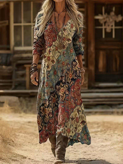 Creative tie-dye 3D printing women's new V-neck long-sleeved dress medium and long dress m302799