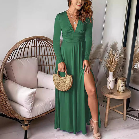 Plissiertes Abendkleid mit hoher Taille und Schlitz, einfarbiges Kleid m300723 