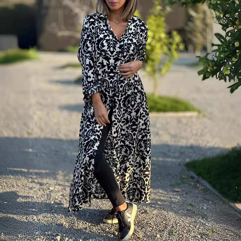 Elegant square neck long sleeve printed shirt skirt dress m302321