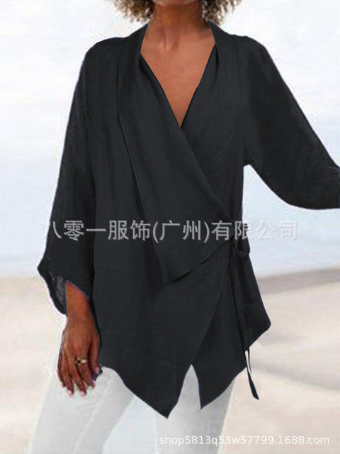 Solid color lace-up irregular hem cotton and linen women's casual top m302058