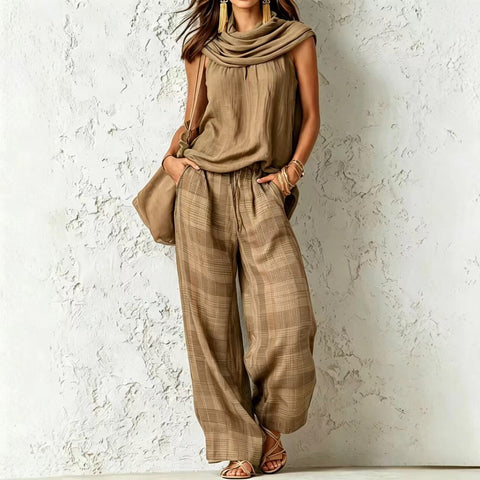 Retro casual fashion sleeveless top and plaid pants set m303064