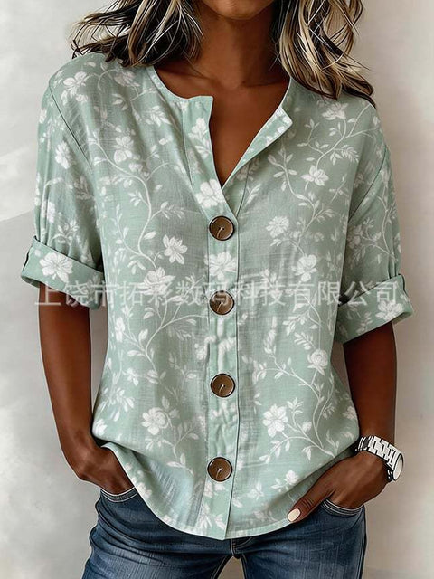 V-neck shirt long-sleeved printed button-down women's shirt m302710