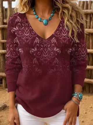 Shoulder V-neck Long Sleeve Pullover 3D Digital Printing Women's Top T-Shirt FF303430 02
