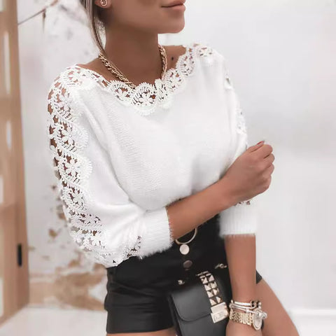 Knitted sweater temperament one-word collar lace splicing sleeves m302237