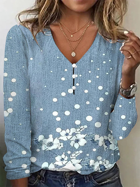 Langarm-T-Shirt-Pullover mit V-Ausschnitt, Stern-Batikmuster und Perlmuttknöpfen m300609 