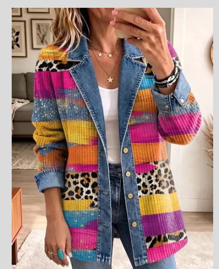 Leopard print denim jacket women's long-sleeved casual cardigan autumn loose jacket FF303339