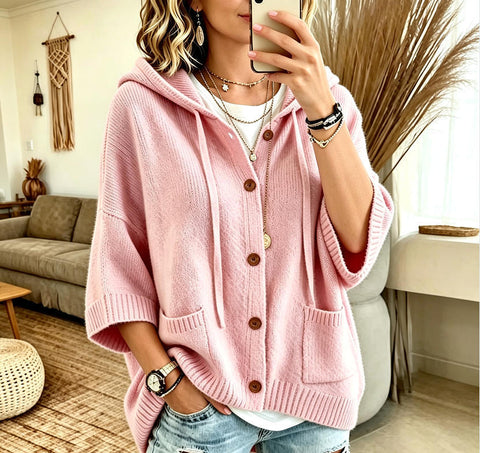 Multi-color hooded knitted cardigan loose seven-quarter sleeve sweater FF303358