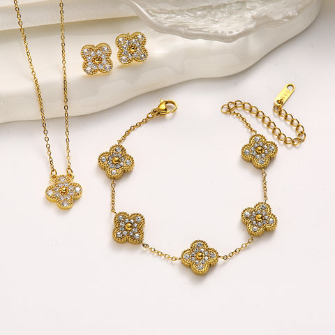 Ensemble de bijoux en acier titane trèfle Double face avec bracelet laser, incrustation de diamant de luxe léger m5010677