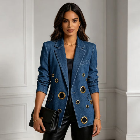 Loose hollow metal corns design hollow denim jacket FF303452