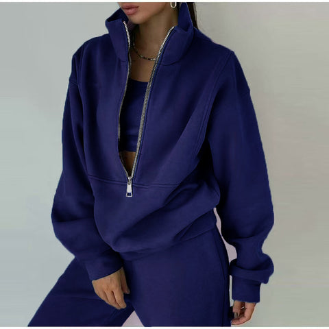 Casual sports home loose and comfortable zipper fleece knitted sweater sweatpants two-piece women's clothing m301654