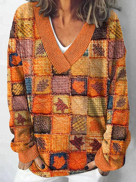 Autumn and winter imitation sweater printing foreign trade new women's pullover V-neck casual fashion long-sleeved top m302113