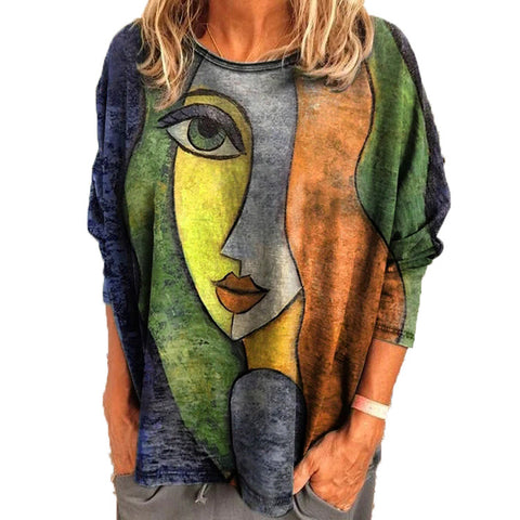 T-shirt ample à manches longues pour femme, imprimé visage, grande taille, m300665 