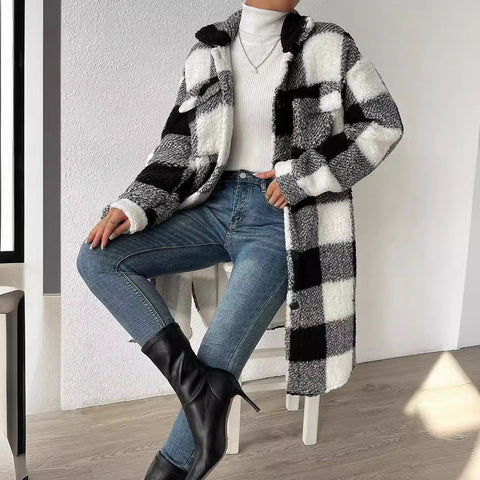 Offene Revers-Plüsch-Karojacke mit lockerem Temperament, Pendler-Langmantel für Damen m300360 