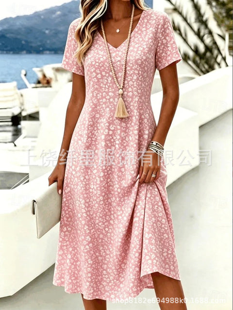 Printed women's v-neck short-sleeved temperament fashion dress m303046