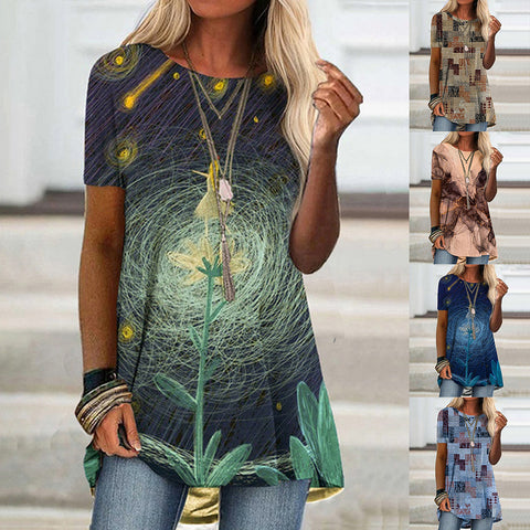 Casual ethnic style retro printed short-sleeved T-shirt m302728
