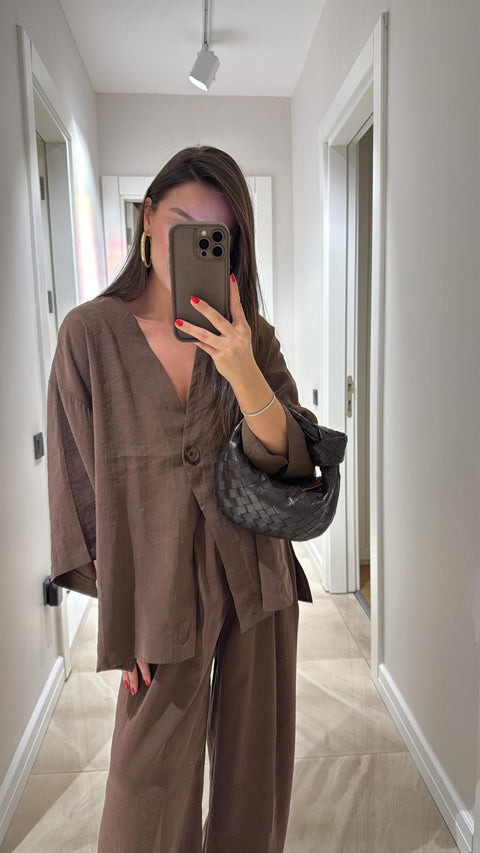 Fashion casual suit V-neck one-button loose long-sleeved top high-waisted trousers two-piece set m301966