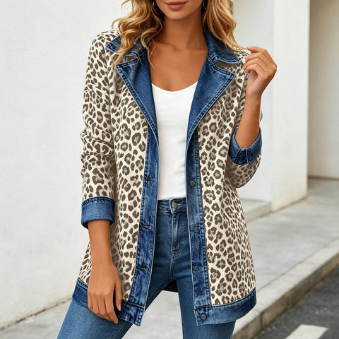 Leopard print denim jacket women's long-sleeved casual cardigan autumn loose jacket FF303339