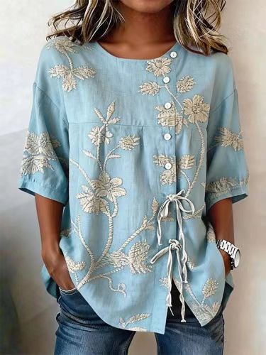 Ladies casual digital print lace-up shirt m302711