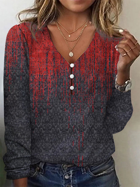 Langarm-T-Shirt-Pullover mit V-Ausschnitt, Stern-Batikmuster und Perlmuttknöpfen m300609 