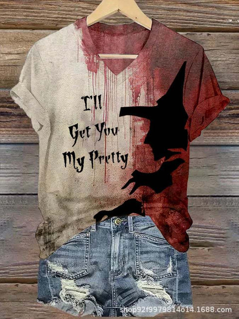 3D Halloween pattern printing, summer temperament casual V-neck short-sleeved European and American women's T-shirt m301688