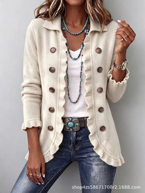 Women's fashion long-sleeved ruffle leaf open button cardigan FF303384 02