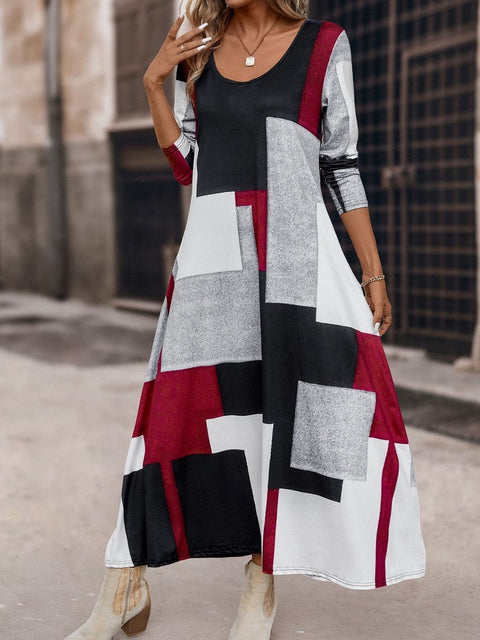 Spring and Autumn long dress big swing pocket loose round neck geometric print casual long sleeve dress m300703