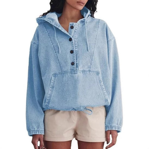 Fashion denim hoodie button-down pullover jacket denim sweatshirt FF303261
