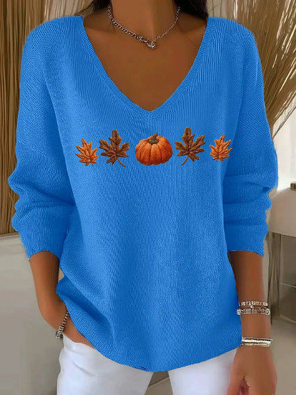Shoulder V-neck long-sleeved autumn leaf 3D digital printing women's top FF303401